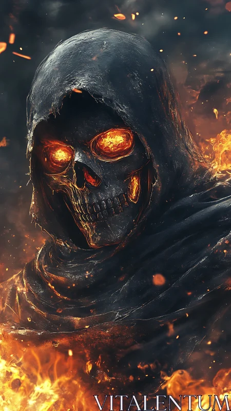 Infernal hooded reaper with ember eyes rising through fire.