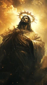 Radiant robed figure ascending through incandescent cloud fields.