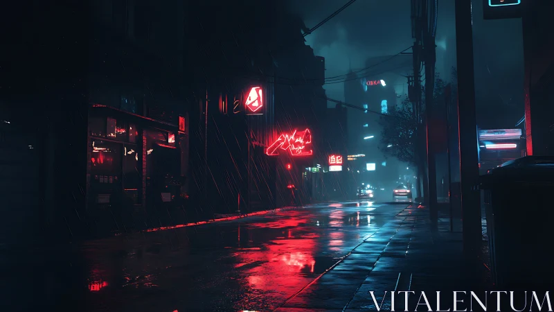 Neon soaked alley glows in a moody cyberpunk night rain.
