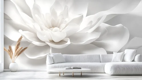 Large white flower mural in minimalist living room interior.