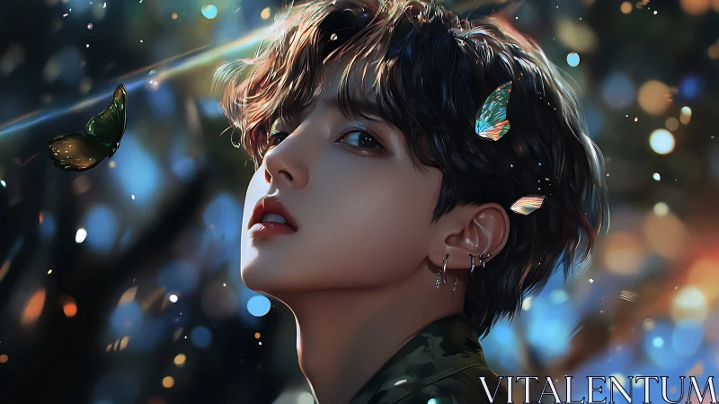 Starlit butterflies orbit a wistful gaze in painted twilight