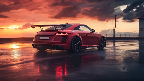 Red Audi TT sports coupe on wet track at sunset.