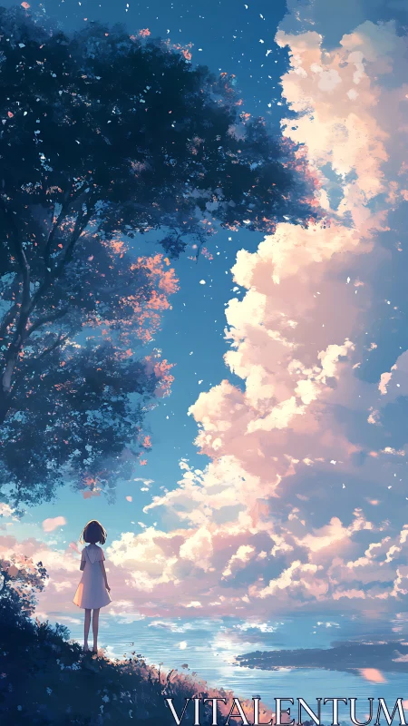 Solitary girl watching luminous sunset clouds by sea.