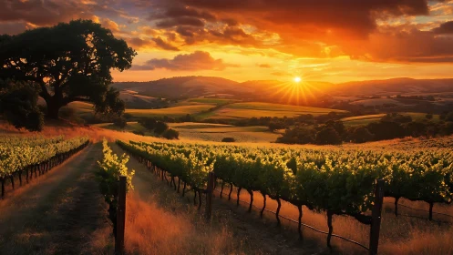 Sunlit hillside vineyard under blazing golden sunset sky.