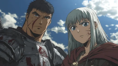 Battle-worn anime warriors rendered with dramatic sky lighting