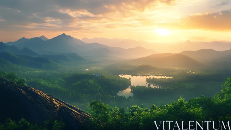 Golden sunrise over peaceful lakes and misty green hills.