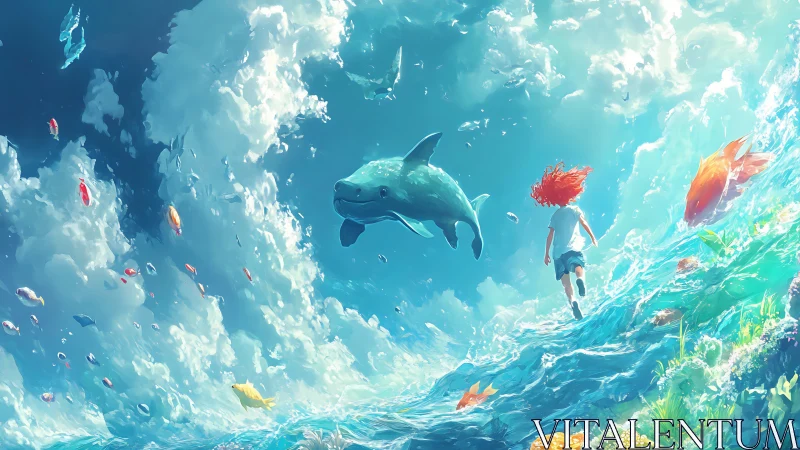 Child and marine life moving through tilted ocean scene.