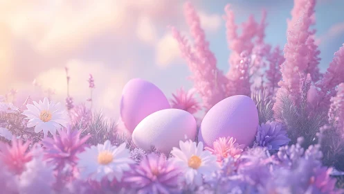 Soft pastel Easter eggs rest in a dreamy spring meadow