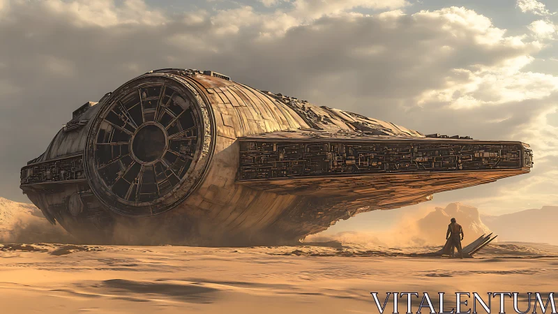 Desert crash site with cylindrical starship hull in decay.