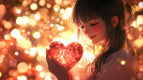 Softly glowing girl cradles a heart of warm sparkling light
