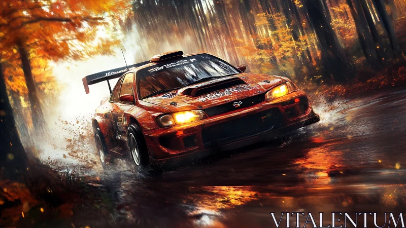 Autumn storm chaser rally car tearing through wet leaves.