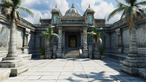 Symmetrical stone courtyard with domed classical temple building.