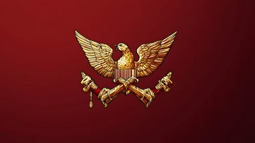 Golden eagle heraldic emblem on deep red field.