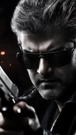 Steely gaze and silver hair meet midnight action mood.