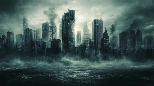 Ruined flooded city skyline under heavy storm clouds.