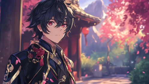 Anime boy in ornate coat under pink blossom trees.