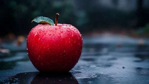 Rain kissed crimson apple poised on a moody pavement.