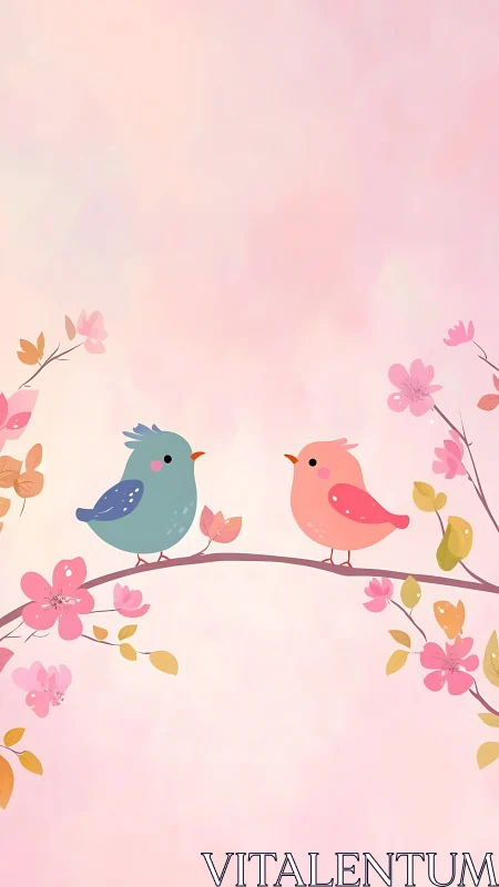 Two Birds Perched on Blossoming Branch in Soft Bloom.