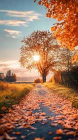 Sunlit autumn lane beneath glowing orange foliage at dusk.