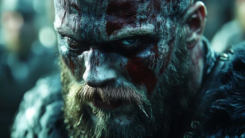Battle-forged viking gaze burns through frost and blood.