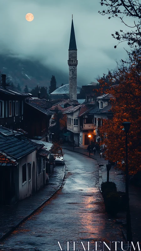 Moonlit mist over Ottoman street and solitary mosque minaret