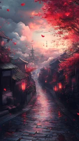 Narrow wet street extends toward distant pagoda at dusk