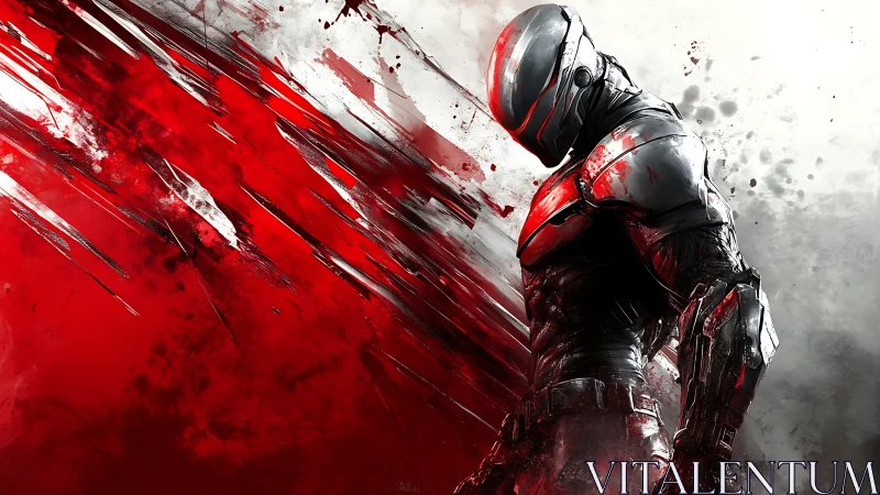 Armored cybernetic soldier stands amid dynamic red slashes