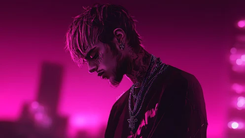 Neon-lit cyberpunk portrait in moody magenta side profile.