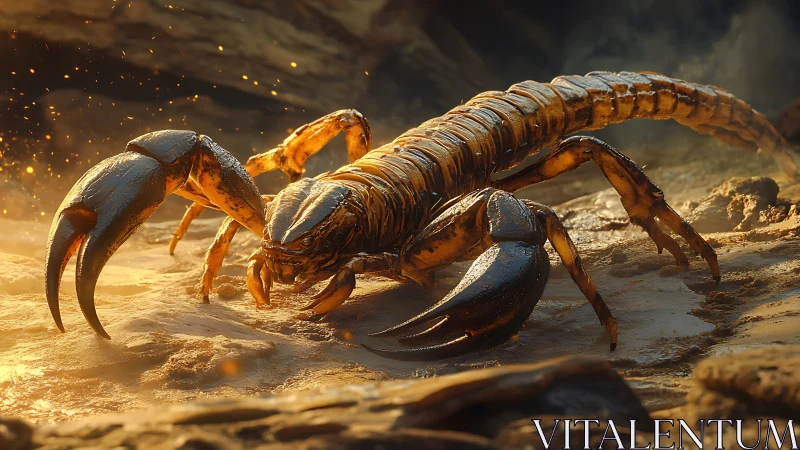 Firelit sand scorpion prowls through a molten dusk glow