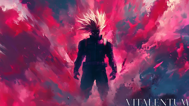 Neon-haired warrior emerges from explosive pink cosmic storm