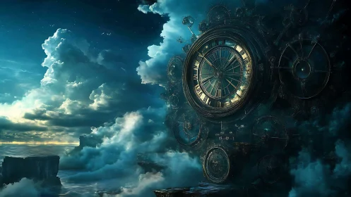 Colossal clockwork monolith suspended in stormy sky.