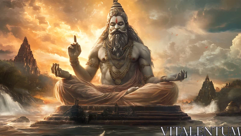 Titan sage of sunrise waters in luminous cosmic stillness.