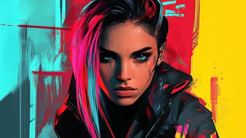 Cyberpunk portrait with neon chromatic blocking and hard-edged brushwork.