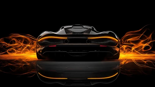 Midnight supercar blazing through ribbons of digital fire.
