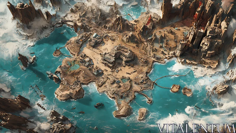 Skyward view maps a rugged desert isle ringed by teal tides