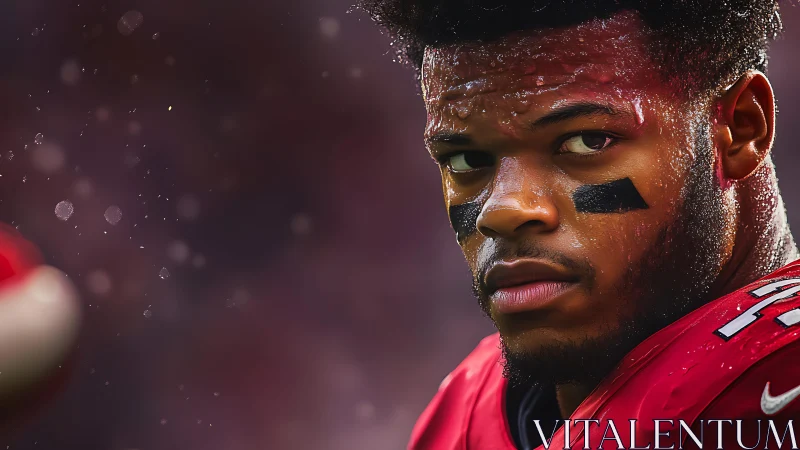 Close-up shows football player in red uniform looking sideways