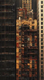 Rust-scarred tower quietly argues with glass and stone neighbors