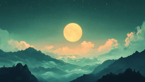 Full moon hangs above stylized teal mountains and clouds