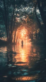 Backlit figure in flooded forest corridor with volumetric light.