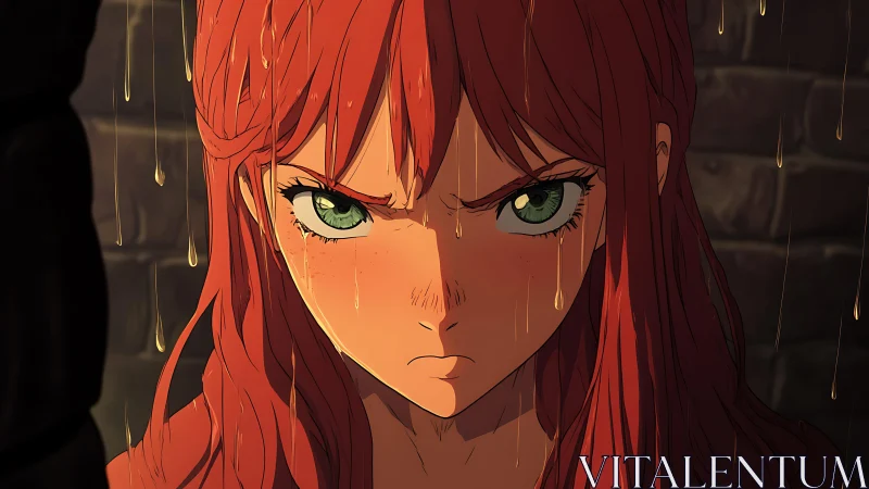 Determined red haired anime girl under dripping water.