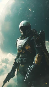 Armored space sentinel overlooking planetary horizon.