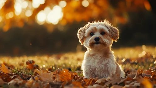 Small fluffy dog sitting in warm autumn sunset light field.