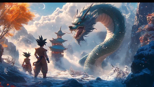 Snowy mountain path welcomes young warriors and sky dragon