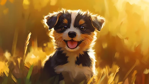 Playful puppy sits in glowing golden meadow at sunset