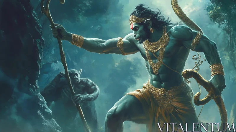 Blue-skinned warrior confronts cave creature in misty forest