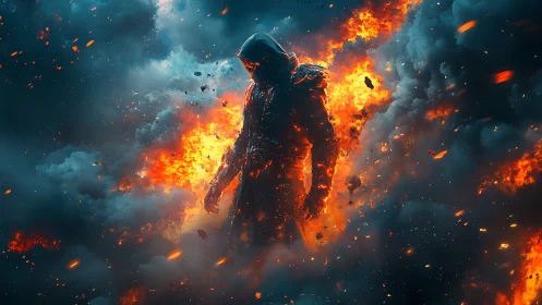 Hooded human figure stands amid dense fire and smoke