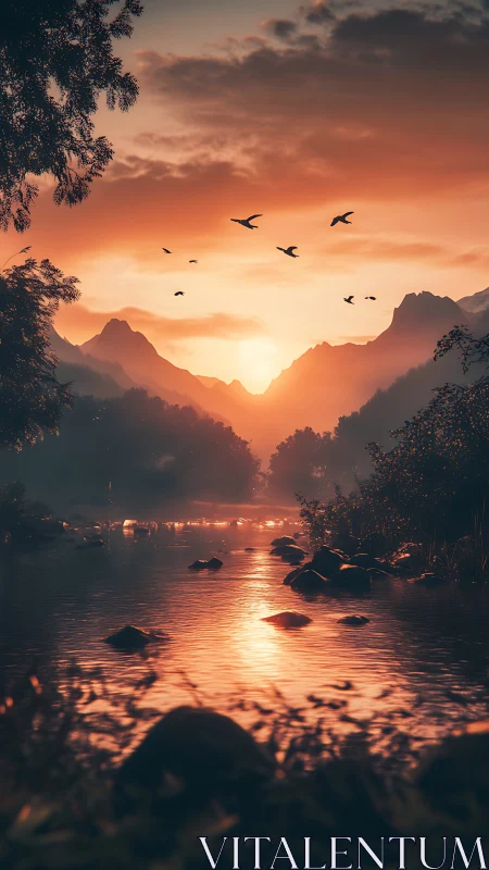 Sunlit river valley with distant mountains at sunset.