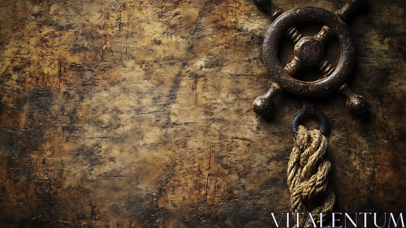 Rusty ship wheel and mooring rope rest on weathered timber