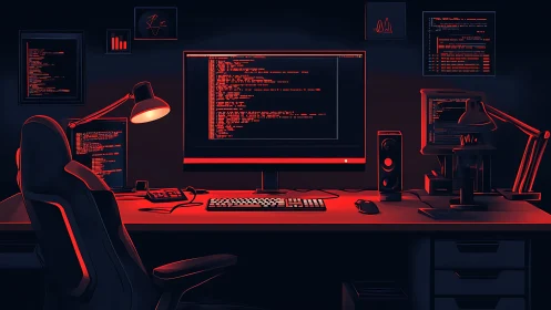 Midnight coder’s crimson command center in sleek silence.