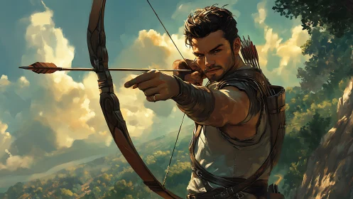 Archer aiming downrange in dramatic painterly lighting study